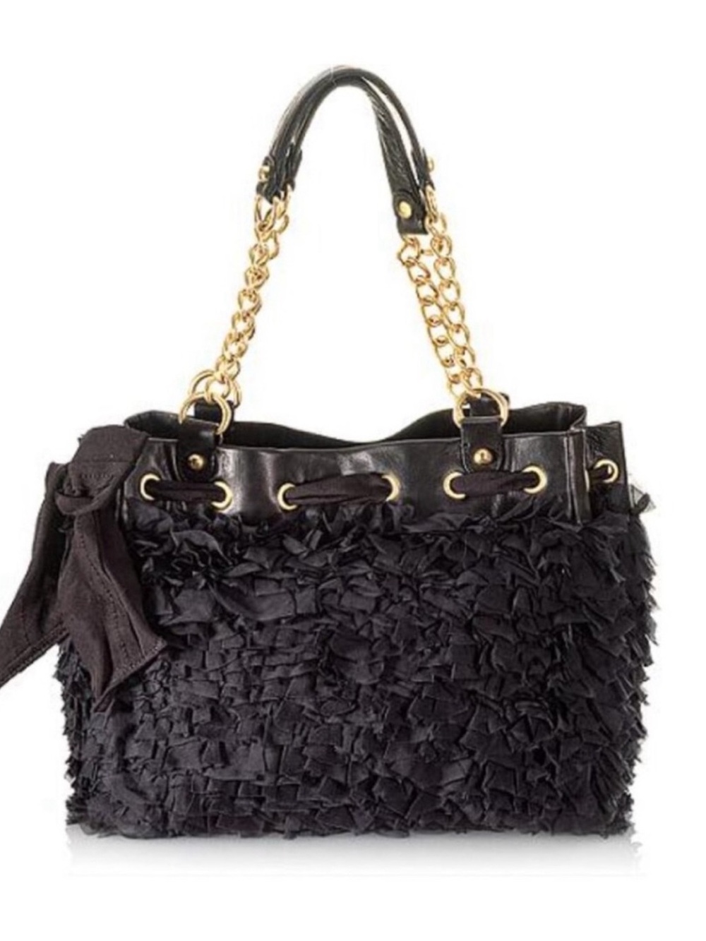 Juicy Couture Daydreamer Luxe Black Chiffon Leather Bow Gold Chain Y2K Bag